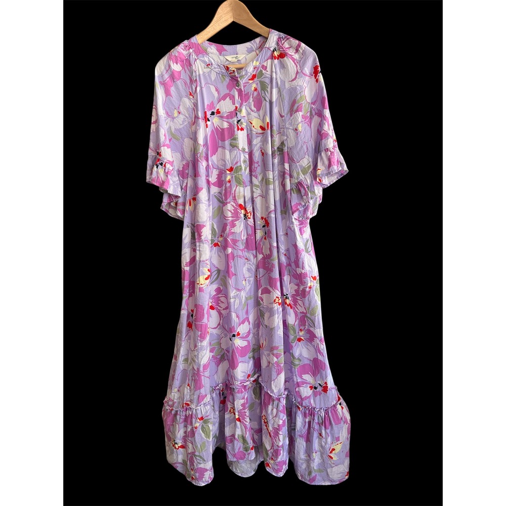 Terra & Sky PLUS 2X Lavender Floral Henley Button-Front Maxi Dress Feminine Boho